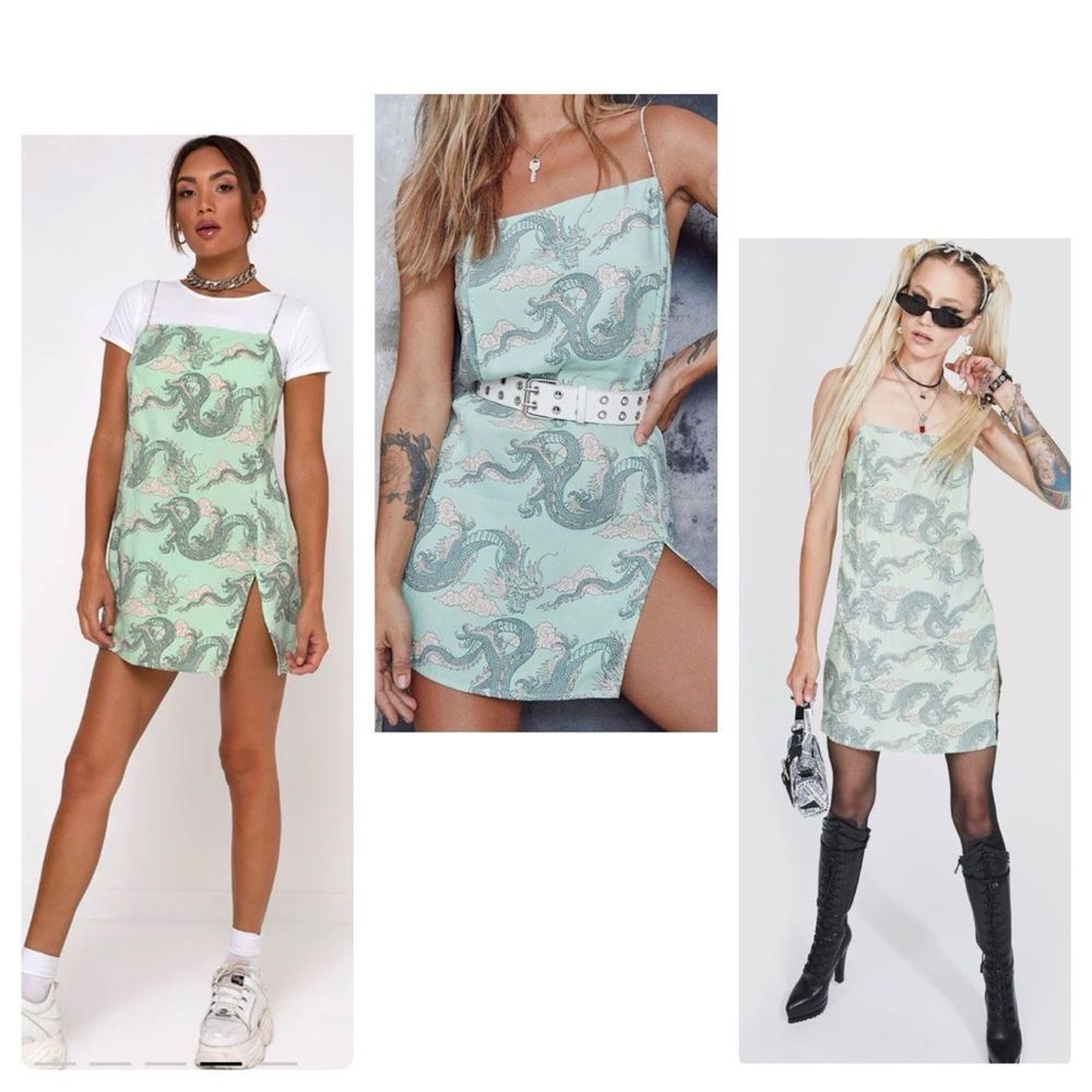 Motel Rocks Datista Slip dress in Chinese Dragon neo mint size small NWT